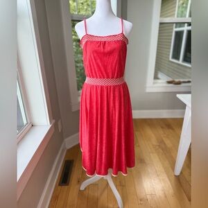 Vintage 70’s 80’s Ginger Snaps Coral Red White Terrycloth Dolphin Hem Midi Dress